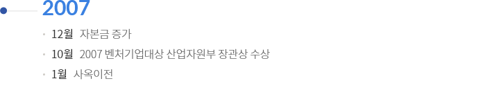 2007 | 12월 : 자본금 증가 / 10월 : 2007 벤처기업대상 산업자원부장관 표창 수상 / 1월 : 사옥 이전